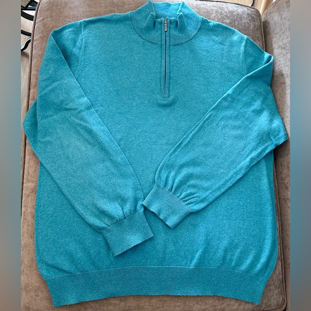 L.L. Bean Men's Aqua Blue Green Cotton/Cashmere Sweater Quarter-Zip Mock Neck XL